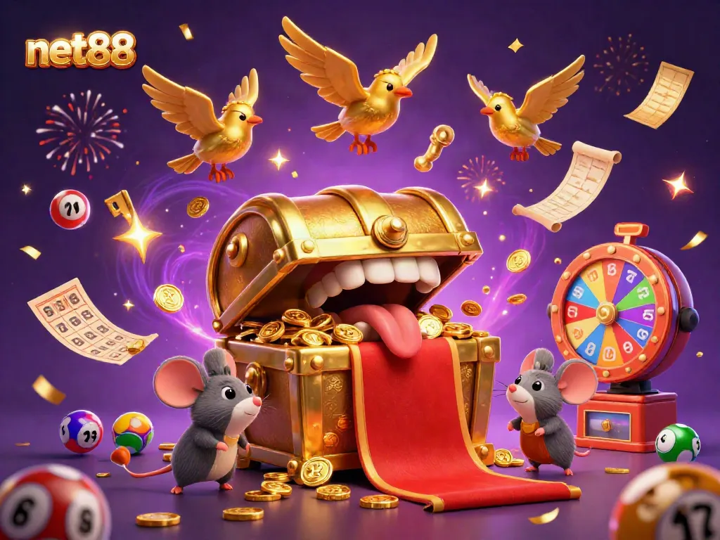 Engage with net88's vibrant gaming scene filled with colorful lottery elements and treasures.