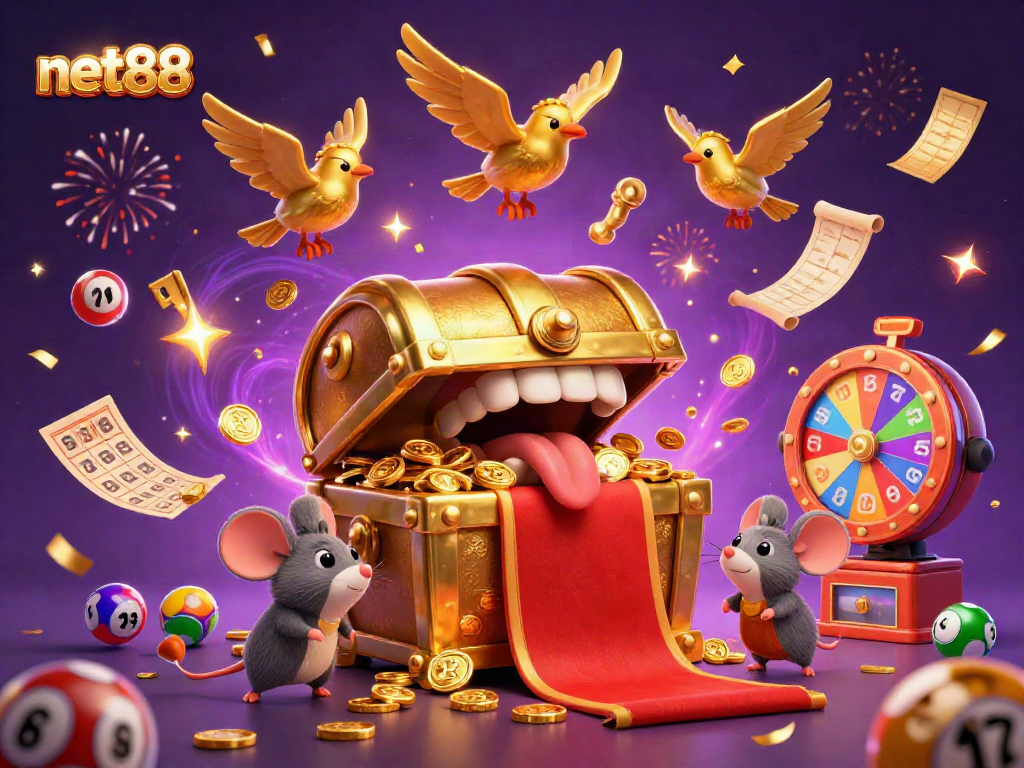 Engage with net88's vibrant gaming scene filled with colorful lottery elements and treasures.