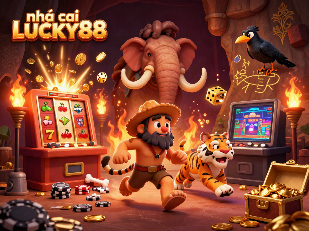 Experience the thrill at nhà cái LUCKY88 with vibrant 3D casino illustration showcasing exciting games and characters.