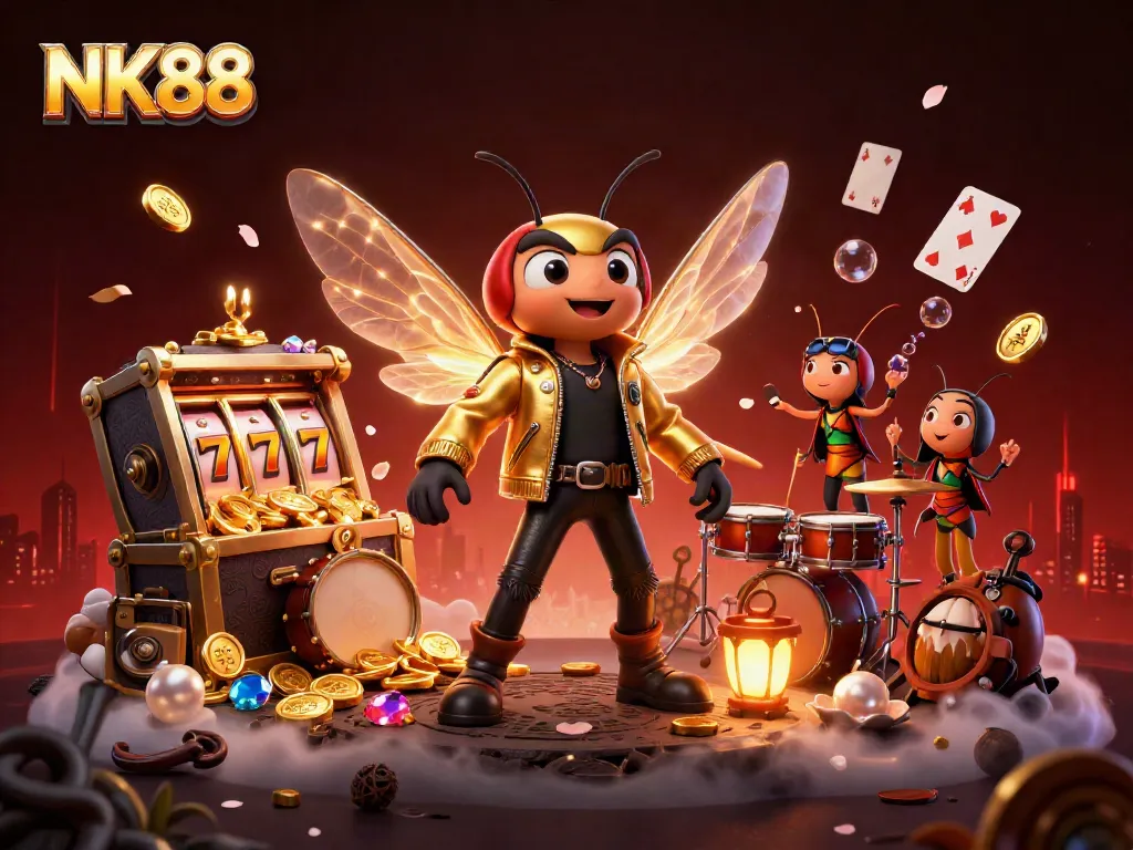 Experience the vibrant energy of NK88 with a cartoon rock star and dynamic casino elements.