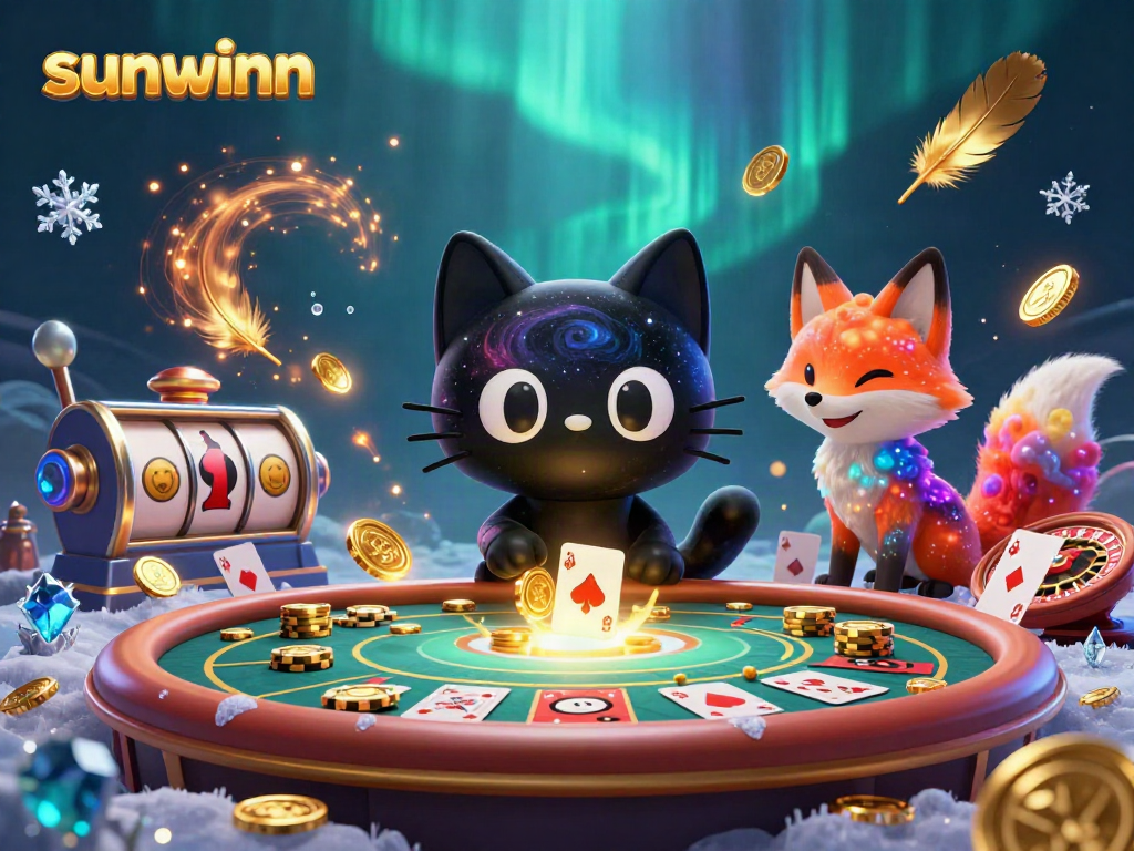 Sunwinn's cosmic casino scene featuring a black hole cat and a nebula fox collecting golden chips and cards.