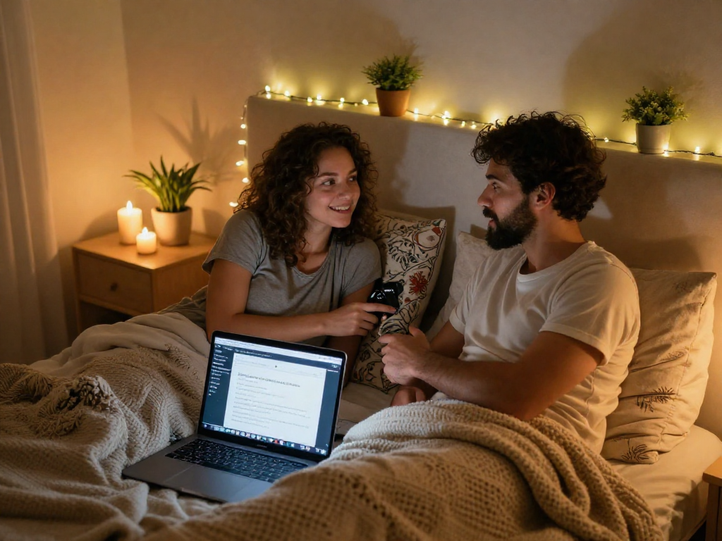 Couple discussing ai sex tips in a cozy bedroom setting