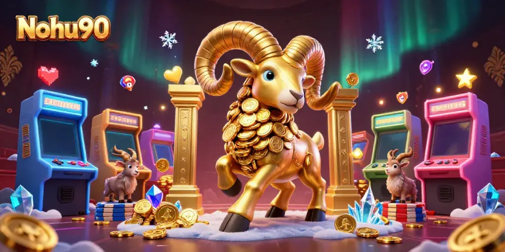 Engage with Nohu90 in a vibrant 3D casino world, featuring golden characters and arcade games.