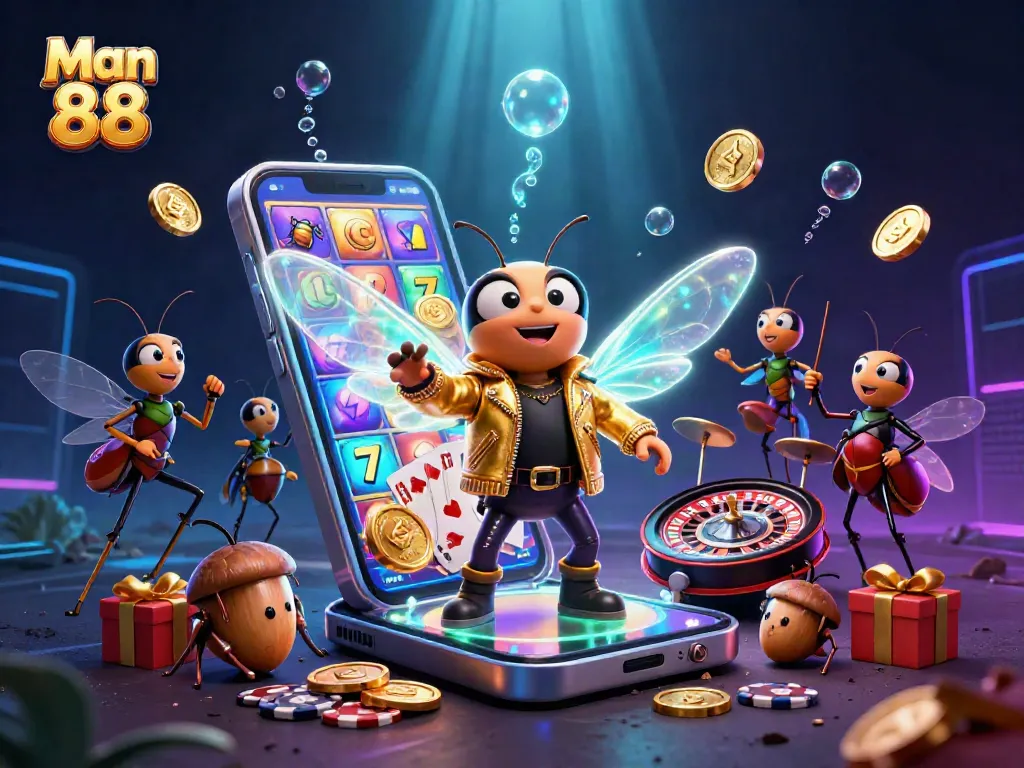 Engage with Man 88's vibrant 3D casino scene featuring colorful slot games and a rock star theme.