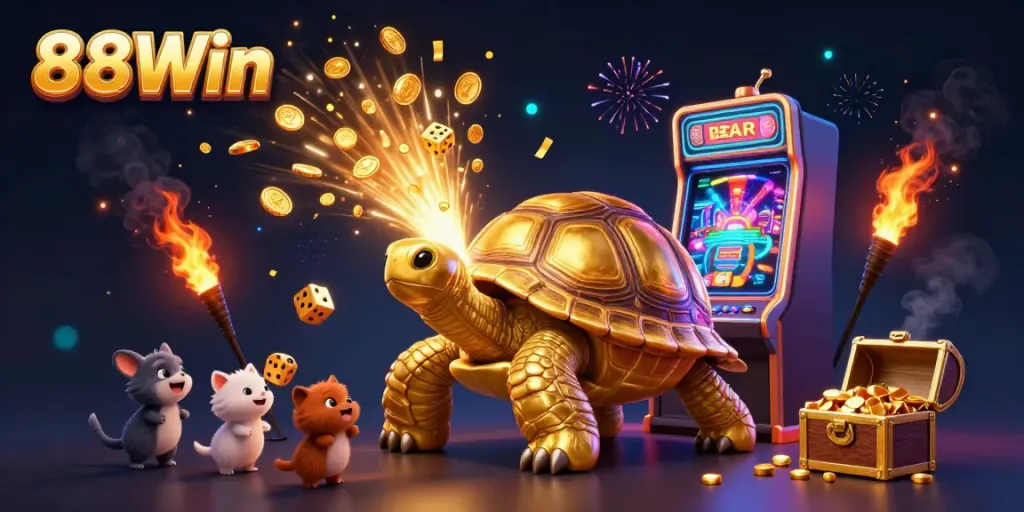 Experience the thrill of 88Win with a golden tortoise pinball machine surrounded by excitement and wins.