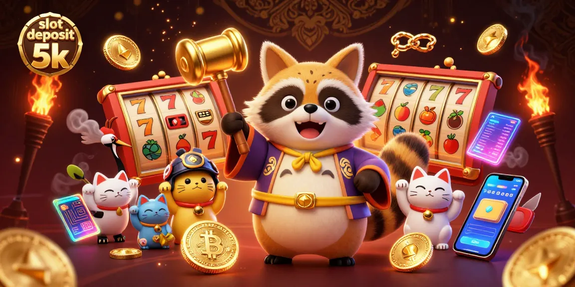 Play and win with slot deposit 5k, featuring cheerful characters and dynamic casino elements.