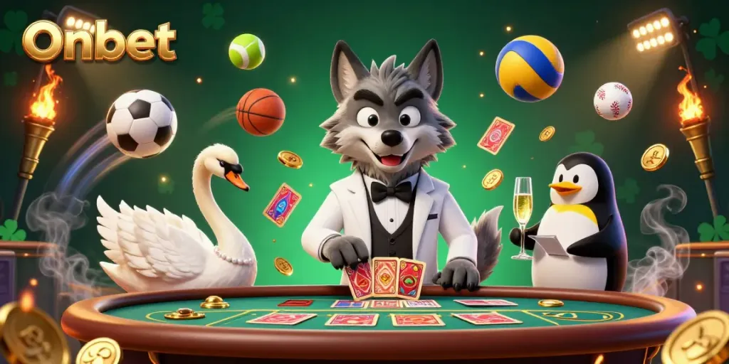 Onbet invites players to experience baccarat in a vibrant, cartoonish casino scene with dynamic sports elements.