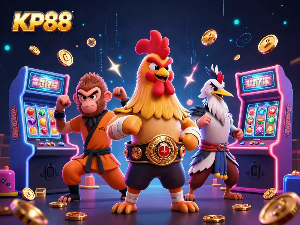 Spin the reels and win big with KP88's dynamic casino gaming illustration.