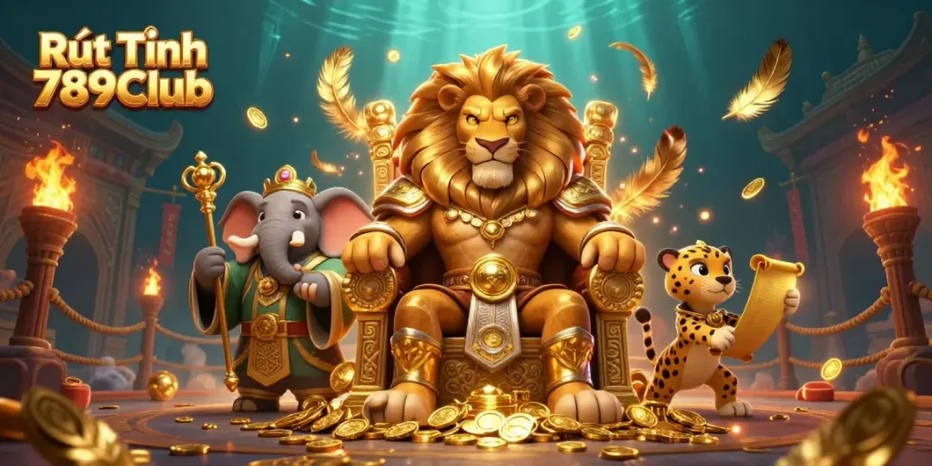 Rút Tiền 789Club's epic illustration with a lion king and an elephant advisor amidst gold coins.