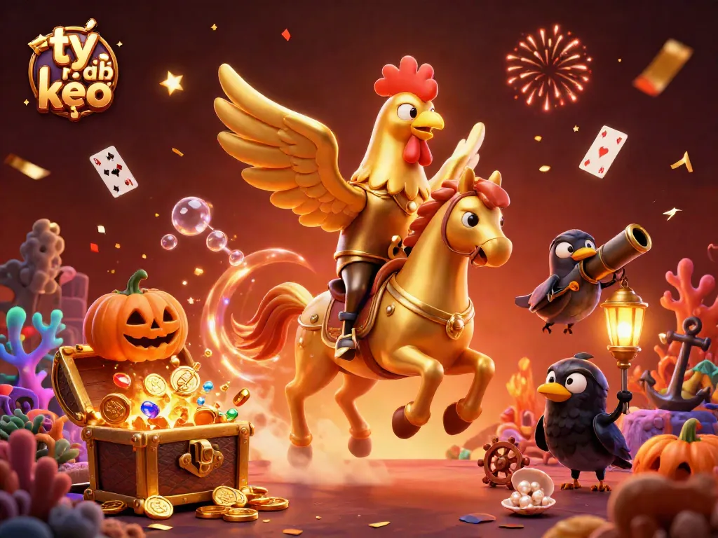 Experience the thrill of tỷ lệ kèo with a glowing golden rooster in a dynamic casino scene.