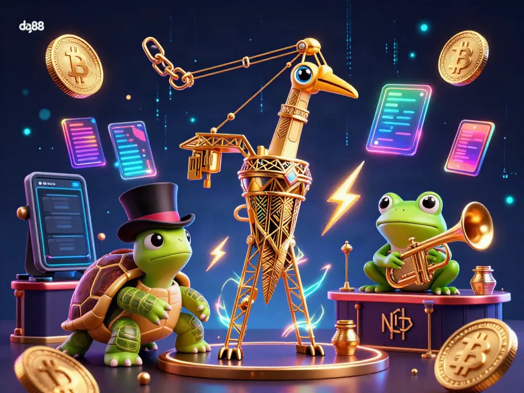 Engage with da88's vibrant casino world featuring a playful crane, turtle, and frog amidst crypto elements.