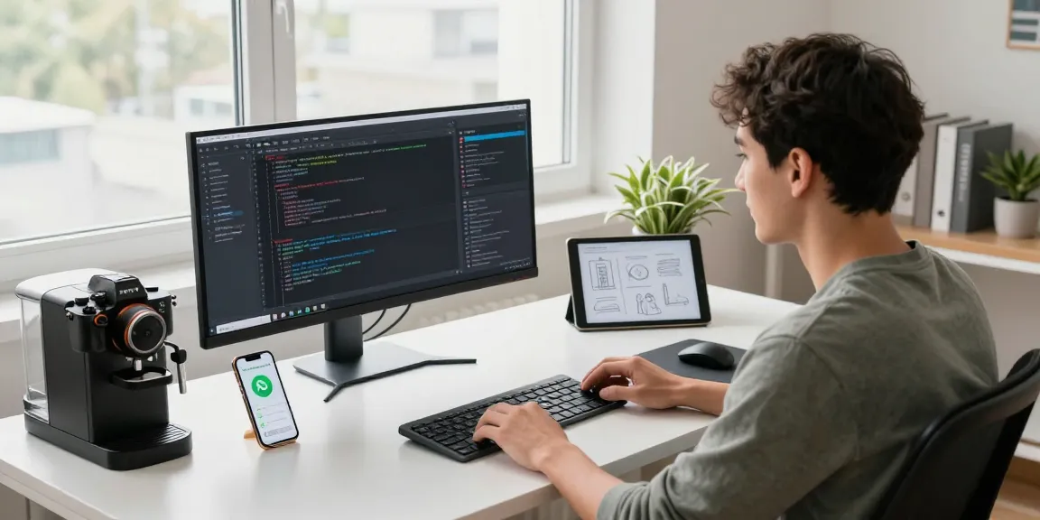 Developer engaged in WhatsApp下載 app creation at a modern tech workspace.