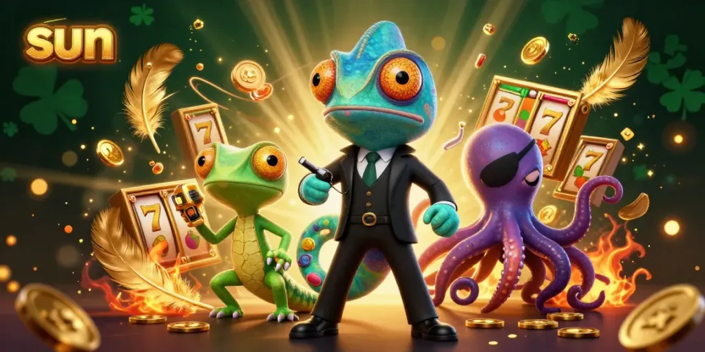 Spin and win at the sun-themed slots with chameleons and geckos featuring golden symbols.