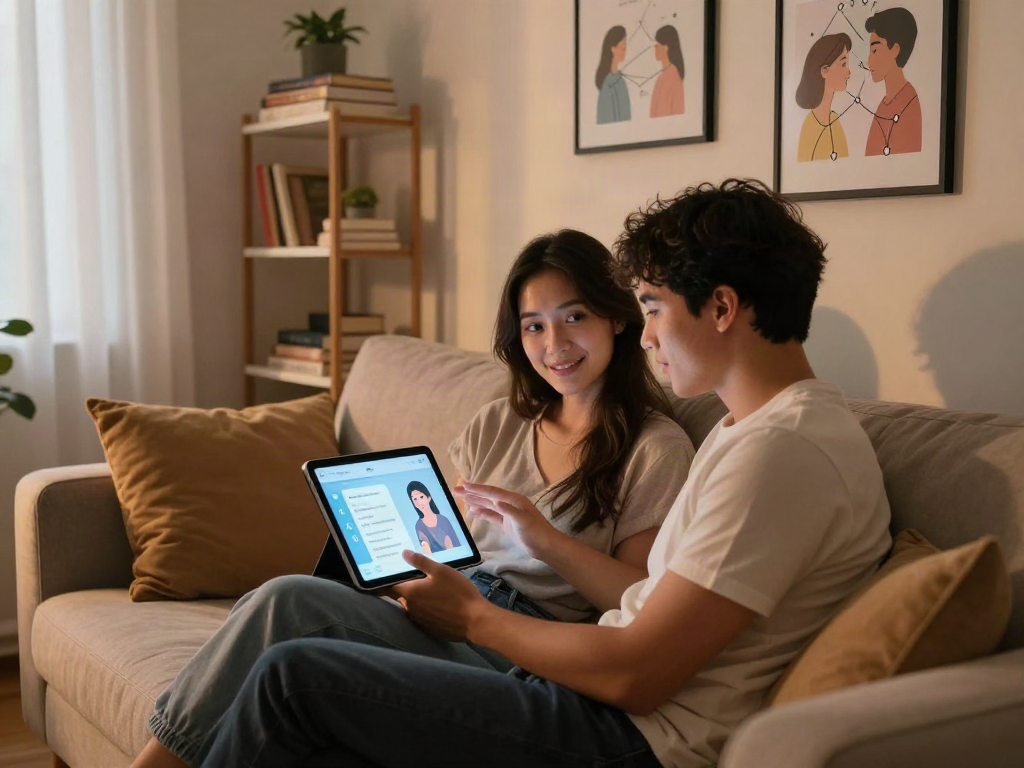 Couple exploring ai sex relationship tools on a tablet in a cozy setting