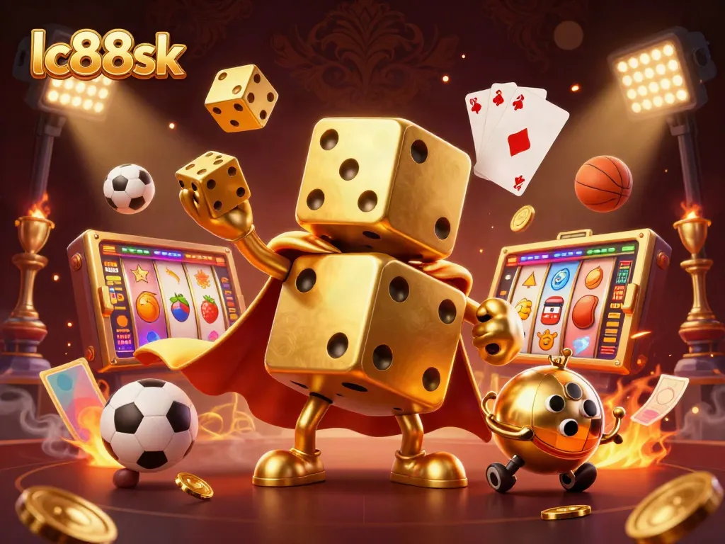 Experience thrilling moments with lc88sk, featuring a golden dice golem and vibrant casino elements.