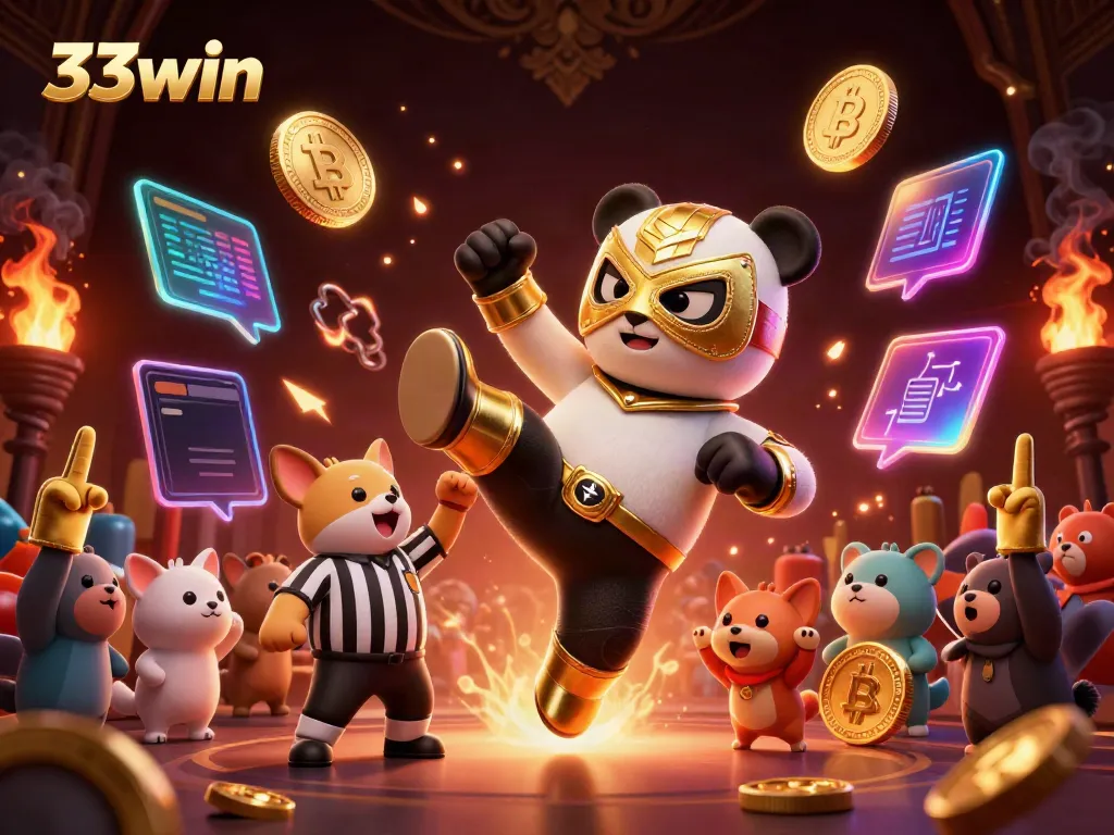 33win showcases a thrilling online gaming experience with a 3D panda wrestler and dynamic cryptocurrency elements.