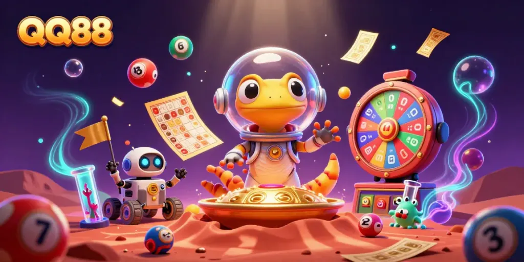 Engage with QQ88 by exploring a vibrant 3D casino fantasy featuring a Martian gecko and colorful lottery elements.