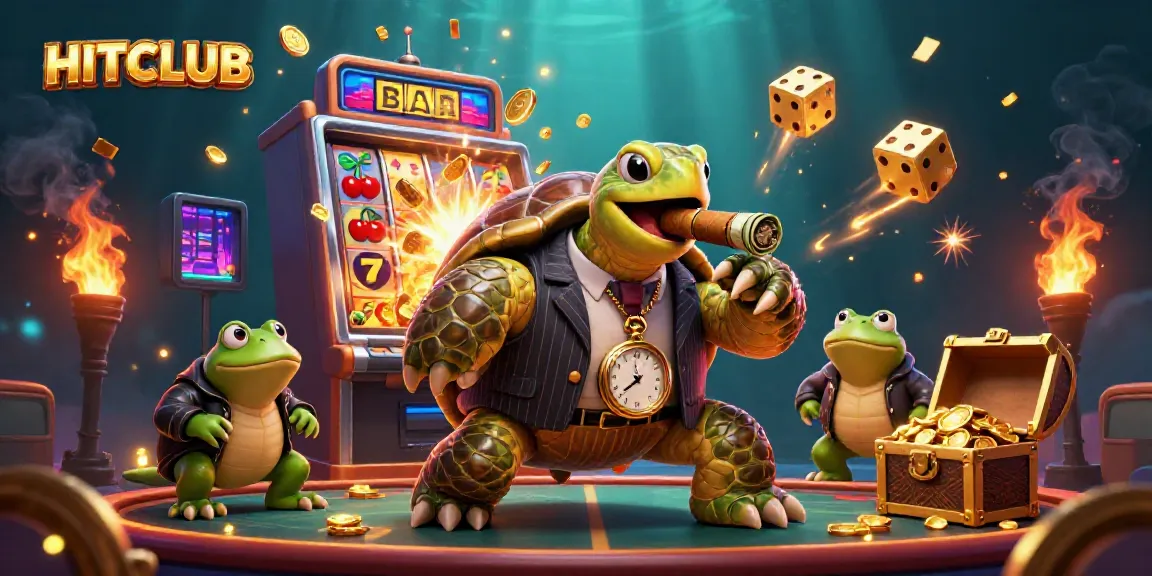 Experience dynamic gaming excitement at HITCLUB with a vibrant scene featuring a turtle mobster and casino delights.
