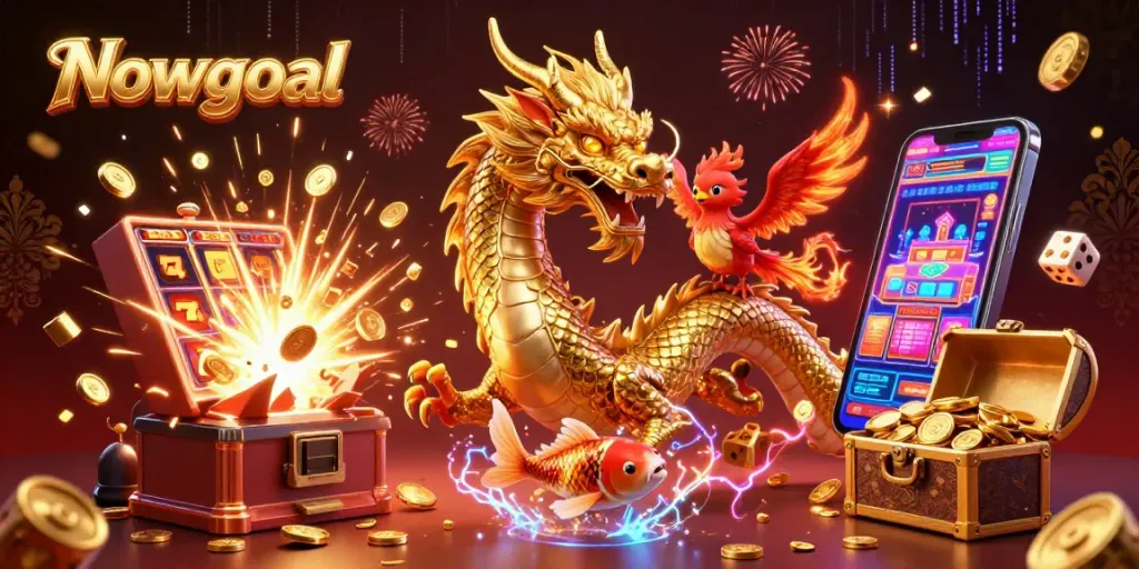 Experience the excitement of Nowgoal with a golden dragon and phoenix amidst vibrant casino elements.