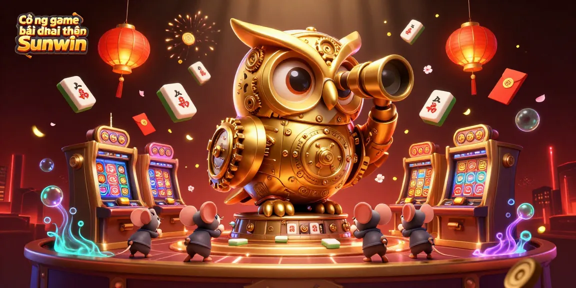 Cổng game bài đổi thưởng Sunwin showcases a golden owl observing a vibrant casino filled with charming elements of excitement.