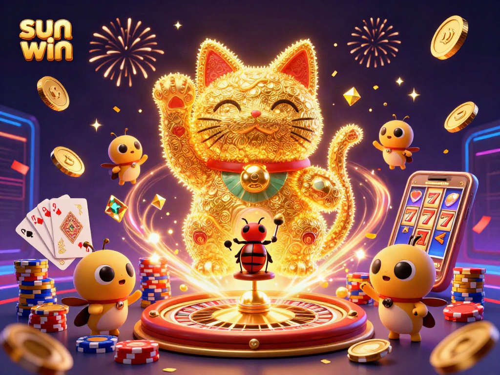 Play slots and win big with the sun win lucky cat illustration surrounded by vibrant casino elements.